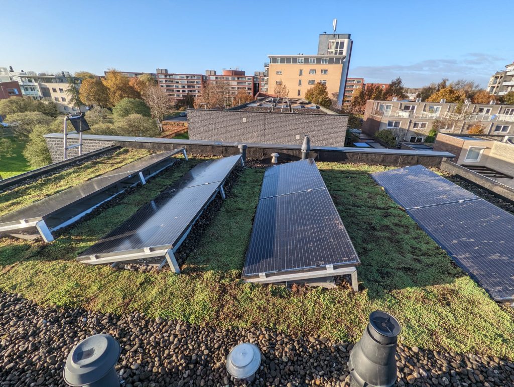 Groendak onder rij zonnepanelen